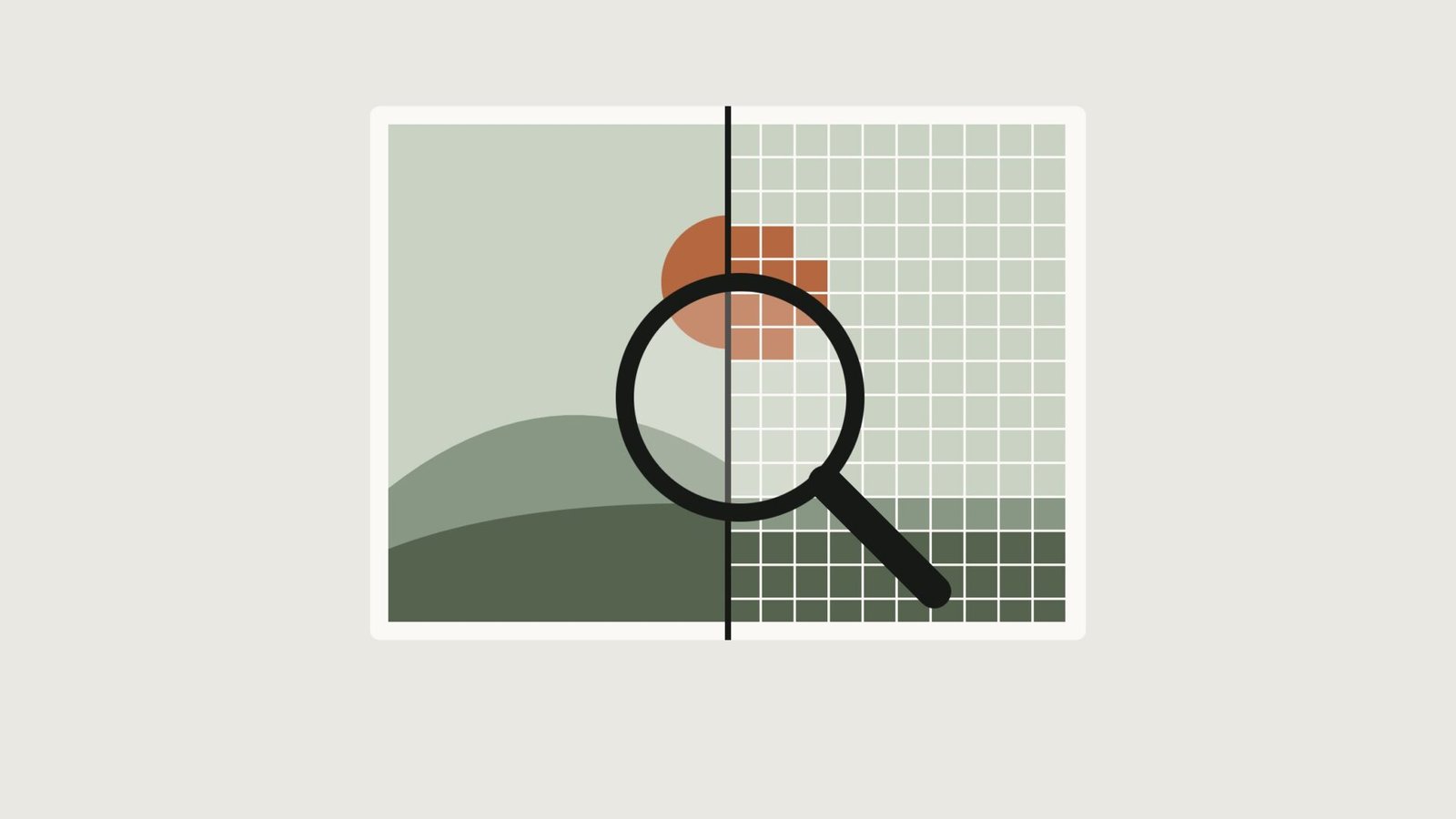 Illustration of a landscape photo, half smooth and half pixelated, under a magnifying glass