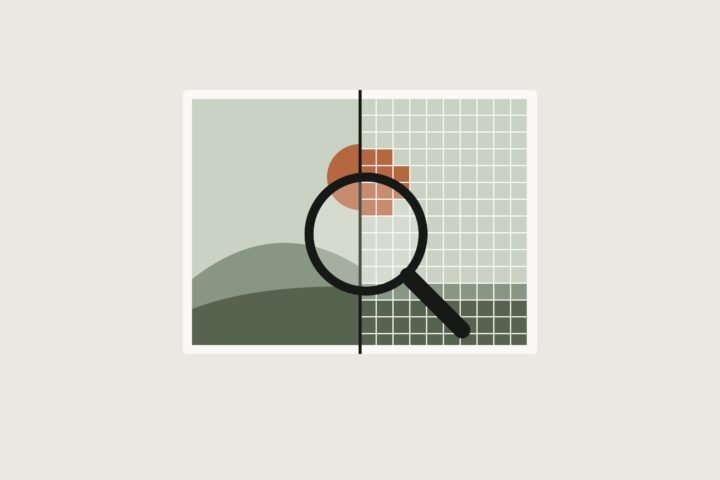 Illustration of a landscape photo, half smooth and half pixelated, under a magnifying glass