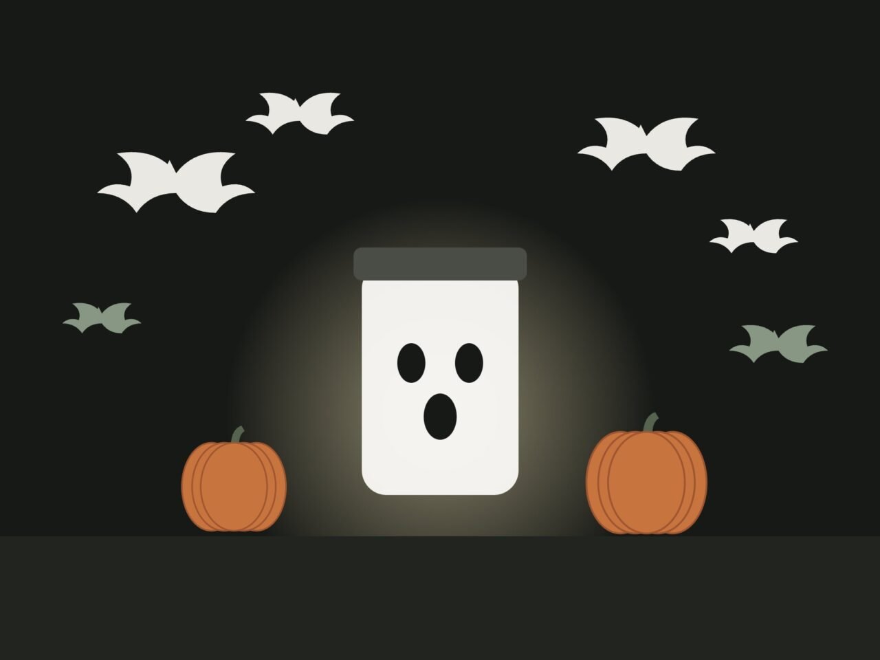 Illustration of paper bats flying over a glowing jar lantern with a ghost face