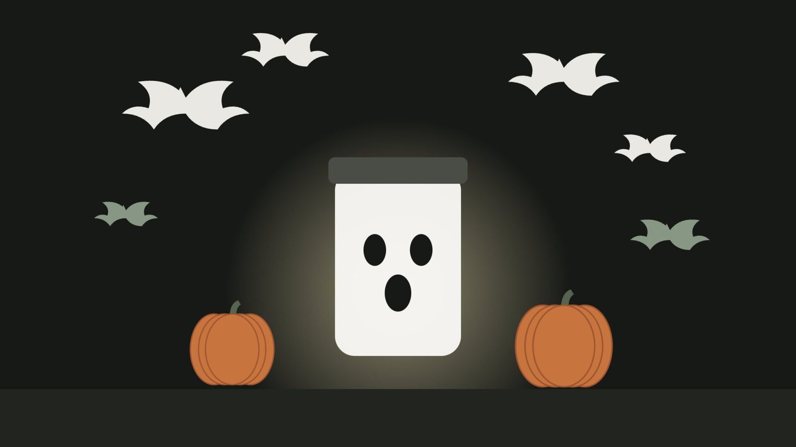Illustration of paper bats flying over a glowing jar lantern with a ghost face