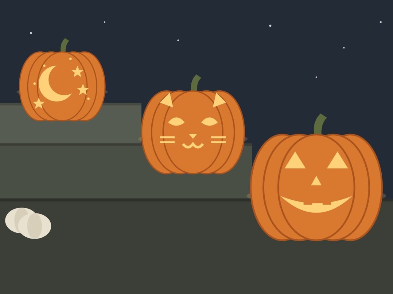 Illustration of three carved pumpkins on porch steps, with a cat face, a crescent moon and a classic grin glowing warm orange