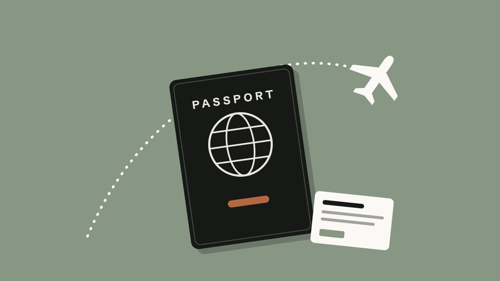 Illustration of a passport and boarding card with a plane on a dotted flight path