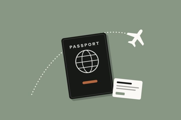 Illustration of a passport and boarding card with a plane on a dotted flight path