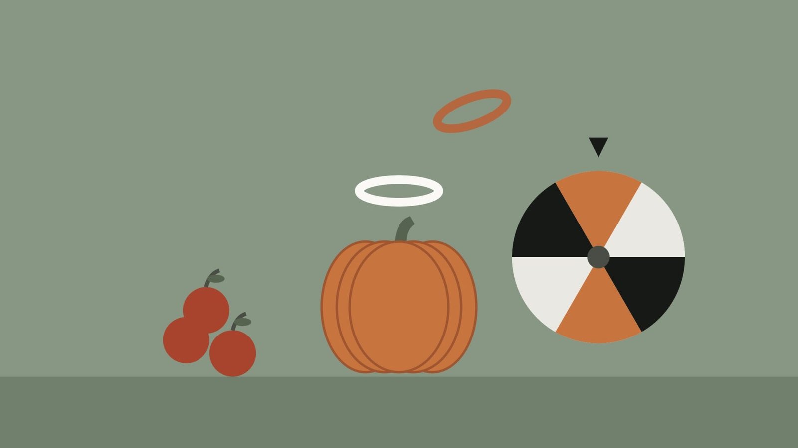 Illustration of a pumpkin ring-toss game with apples and a spinning game wheel
