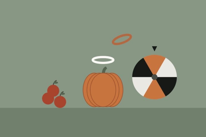 Illustration of a pumpkin ring-toss game with apples and a spinning game wheel