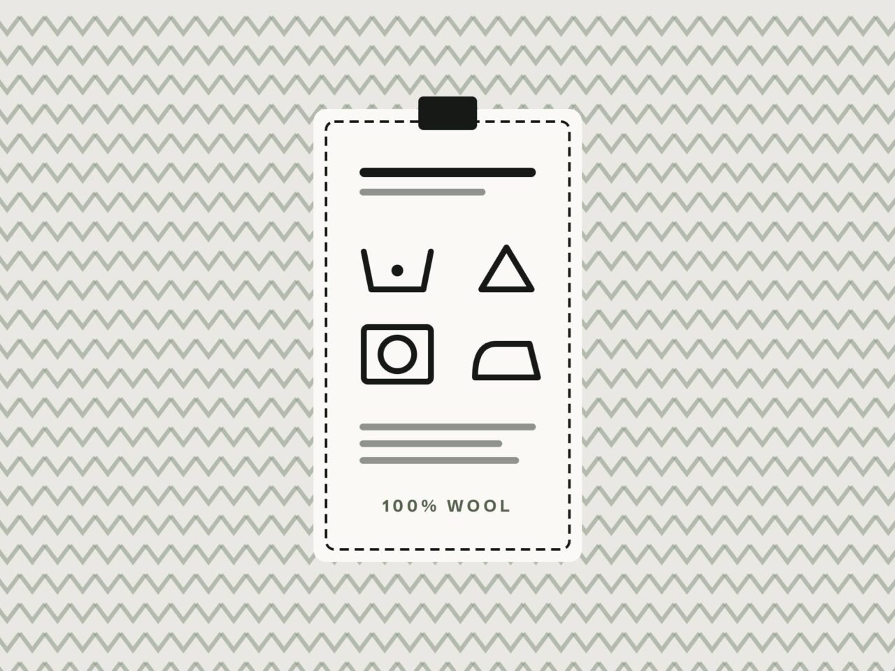 Illustration of a clothing care label with laundry symbols on a knitted background