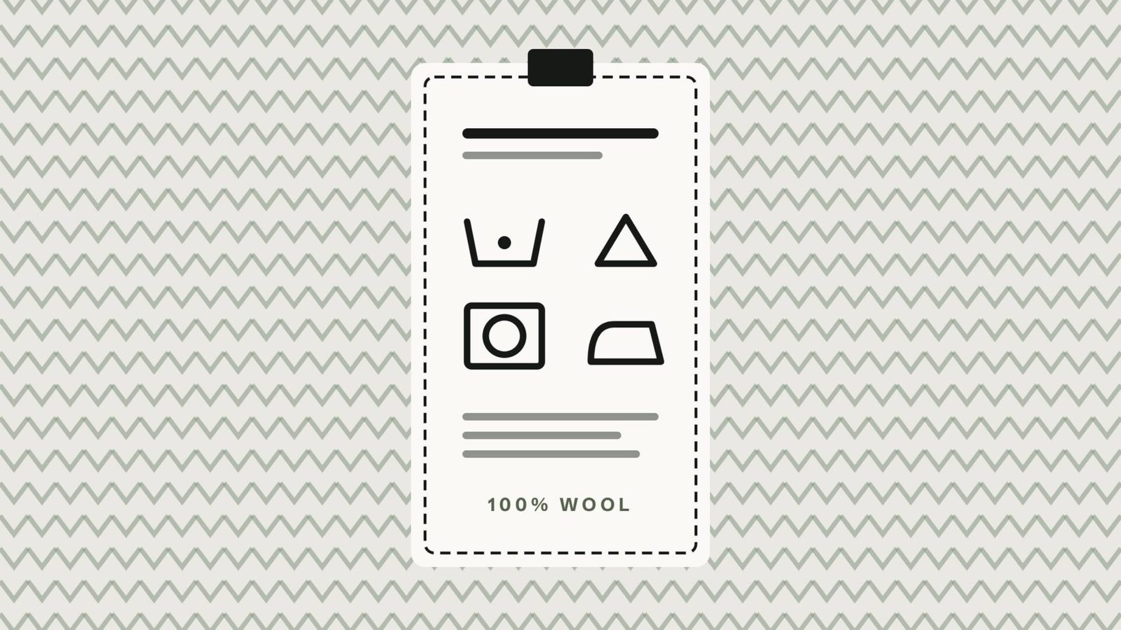 Illustration of a clothing care label with laundry symbols on a knitted background