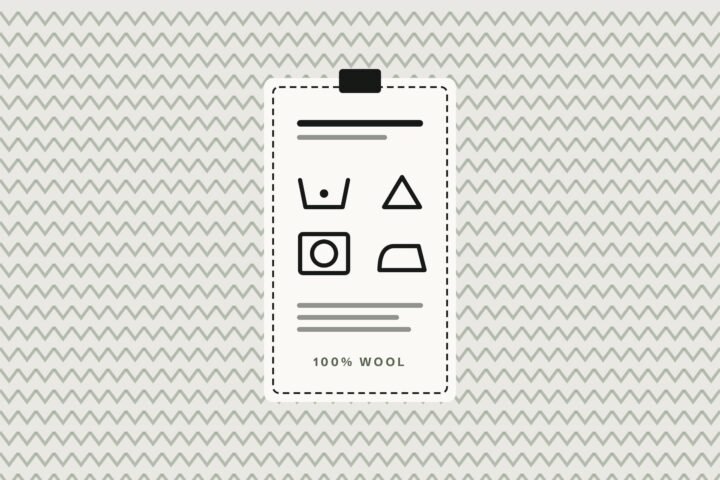 Illustration of a clothing care label with laundry symbols on a knitted background